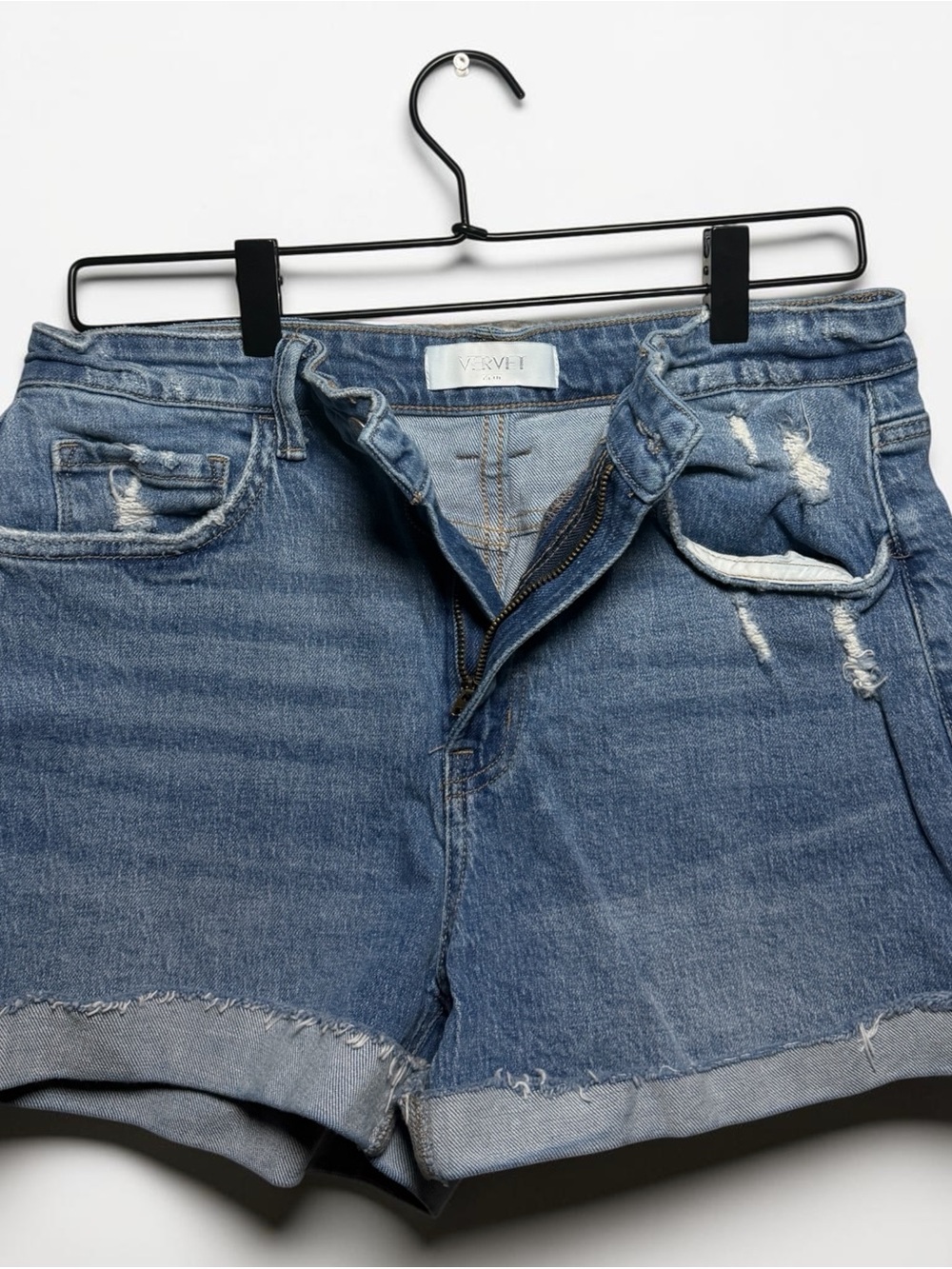 VERVET Distressed Denim Shorts Raw Hem Mid Rise Cuffed Stretch Jean Shorts L